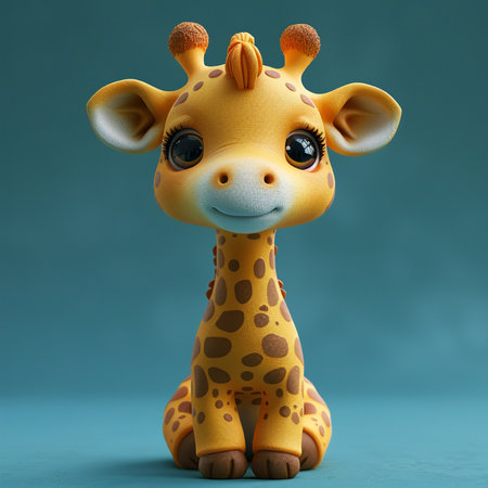 An adorable cartoon giraffe with big round eyes and brown spots is sitting calmly against a plain blue background.の素材
