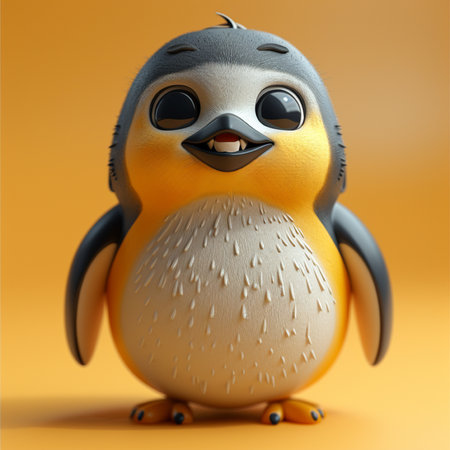An adorable 3D rendered cartoon penguin with big black eyes and a happy smile stands on a plain orange background.の素材