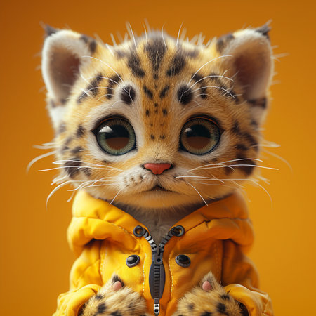An adorable spotted kitten-like character with large expressive eyes wears a bright yellow jacket, looking directly ahead.の素材