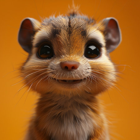 A charming furry little animal with big expressive eyes offers a friendly smile, posing for a delightful portrait on a warm orange background.の素材