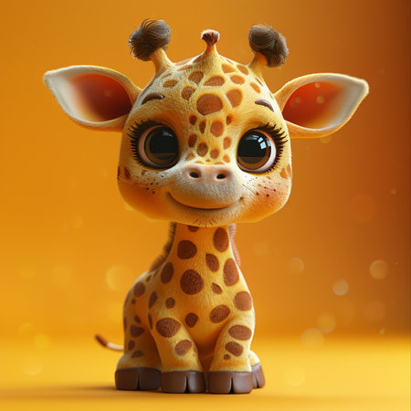 A sweet cartoon baby giraffe with big, sparkling eyes is sitting. It smiles gently, showing its soft, spotted body on a bright orange background.の素材