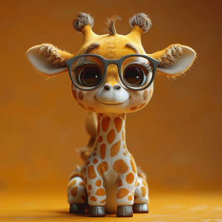 A charming cartoon baby giraffe wearing dark framed glasses sits still, looking directly ahead with a pleasant expression.の素材