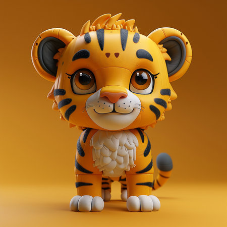 A cute animated tiger cub character stands smiling, featuring large expressive eyes and vibrant orange fur with black stripes.の素材
