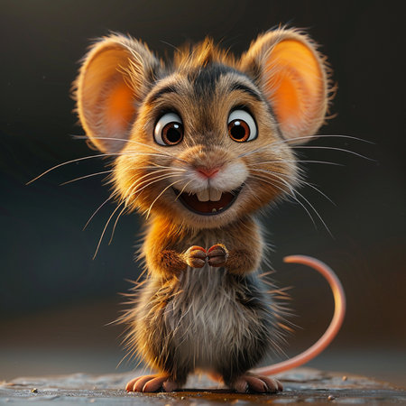 A cute cartoon mouse stands smiling happily with large ears and tiny paws clasped together, looking friendly and joyful for the viewer.の素材