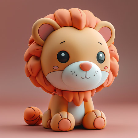 A cute orange cartoon lion sits peacefully on a clean pink surface, featuring big round eyes and a charming expression.の素材