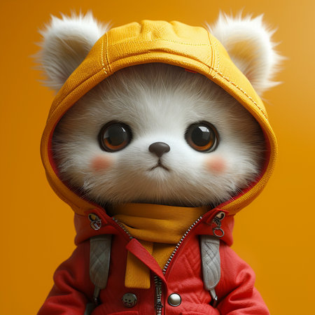 A cute fluffy white animal wearing a yellow hood and red jacket with big eyes looks directly forward in a studio portrait.の素材