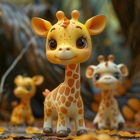 A charming cartoon baby giraffe stands proudly amidst colorful autumn leaves in a warm forest setting, with its friends nearby.の素材