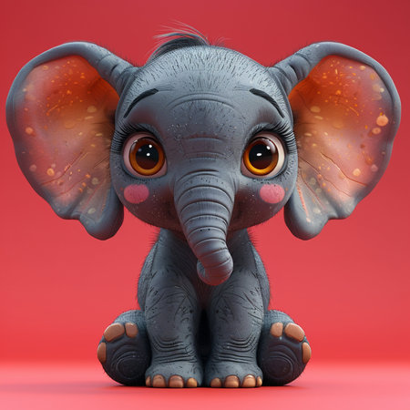 Adorable cartoon baby elephant with large expressive eyes and sweet pink cheeks sits calmly on a bright red studio background.の素材