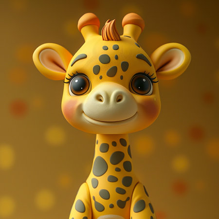 A cute smiling baby giraffe toy with big eyes stands looking directly at the viewer, showing a happy expression on a soft blurred background.の素材