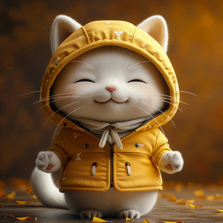 Cute white cat in a yellow jacket on a brown background.の素材