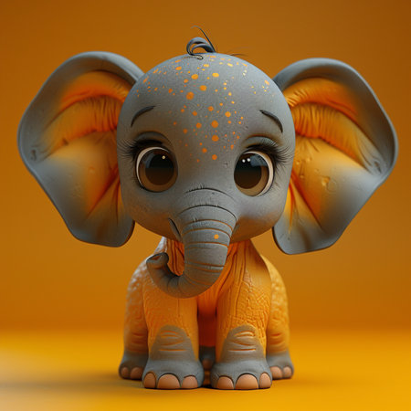 Cute little elephant isolated on orange background. 3D rendering.の素材