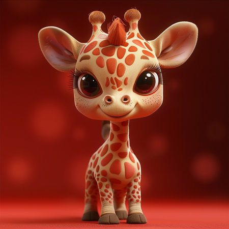 Cute giraffe on red background. 3d render illustration.の素材