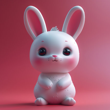 A cute white cartoon rabbit with big dark eyes and pink ears sits calmly on a vibrant pink background.の素材