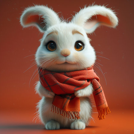 Cute white rabbit with a scarf on a red background. Studio shot.の素材