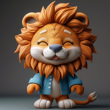 Cute lion cartoon character 3D render illustration on gray background.の素材