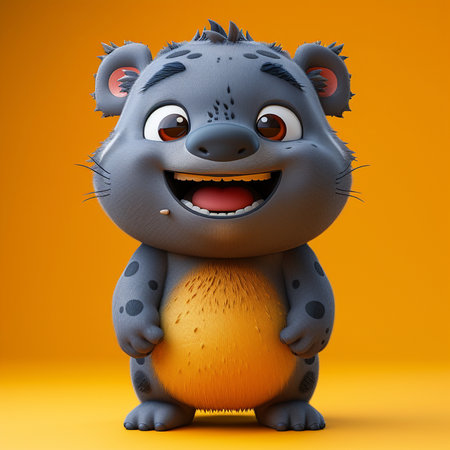 An adorable gray and yellow cartoon animal character stands cheerfully smiling with wide eyes against a vibrant orange backdrop.の素材
