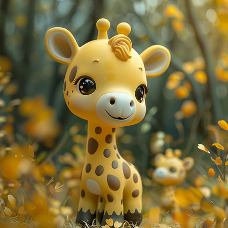 A cute baby giraffe character stands smiling in a beautiful autumn forest setting. Yellow leaves surround the adorable animal as it poses.の素材