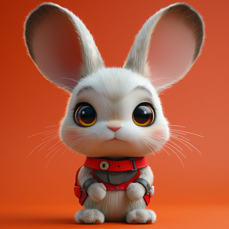 Cute white rabbit with a red belt on an orange background.の素材