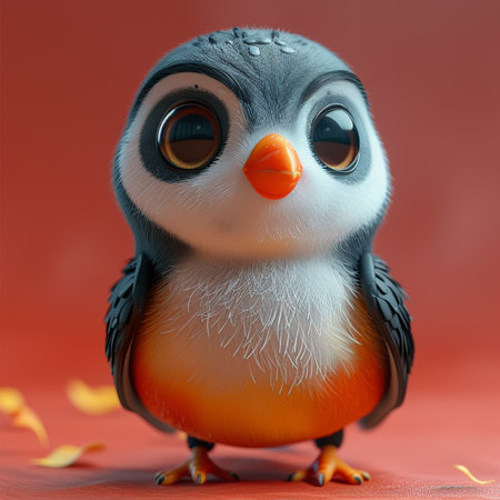 3d rendering of a cute little penguin on a red backgroundの素材
