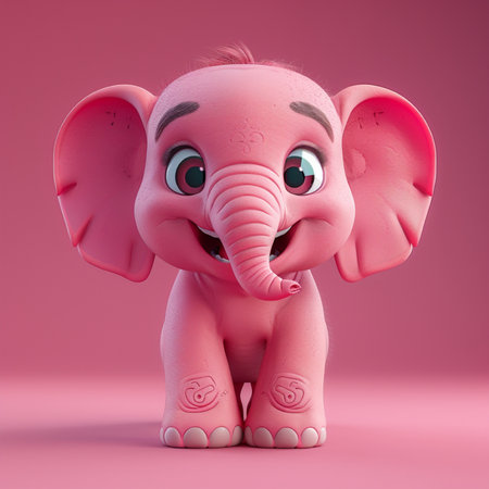 Pink baby elephant on pink background. 3D rendering. Cartoon character.の素材