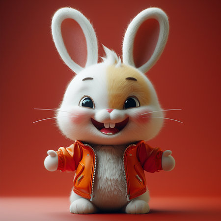 Easter bunny with a red jacket. 3D illustration. Studio shot.の素材
