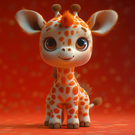 Cute cartoon giraffe on a red background. 3d renderingの素材