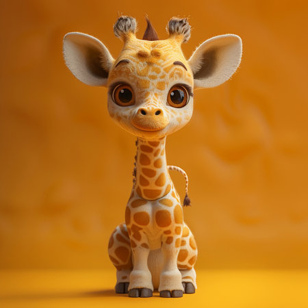 Cute giraffe doll isolated on orange background with copy space.の素材