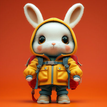 3D Render of a Cute Little Bunny with Backpack on Orange Backgroundの素材