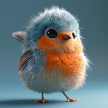 Cute little bird on blue background. 3d render illustration.の素材
