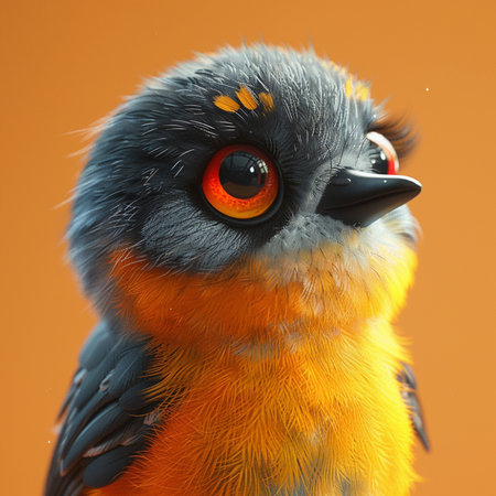 close up of a beautiful bird with orange eyes on a orange backgroundの素材