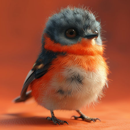 Close-up of a red-bellied robin on orange backgroundの素材