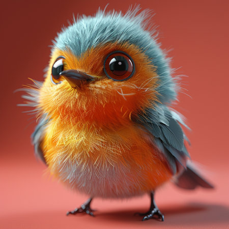 Funny little bird with blue eyes on red background, 3d illustrationの素材