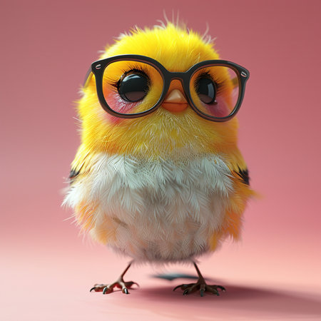 Cute little bird with glasses on pink background. 3D illustration.の素材