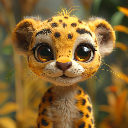 3D rendering of an adorable leopard cub with big eyes.の素材