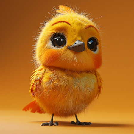 Cute little chick isolated on orange background. 3d illustration.の素材