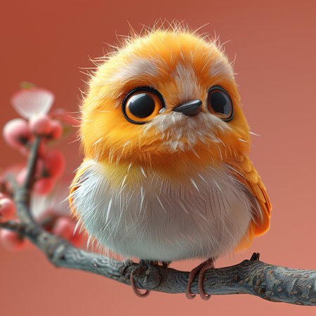 Cute little bird with big eyes sitting on a branch with red berriesの素材