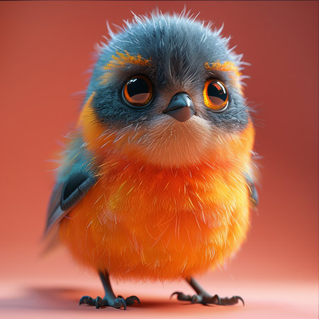 3D rendering of a cute little blue bird with orange eyes.の素材