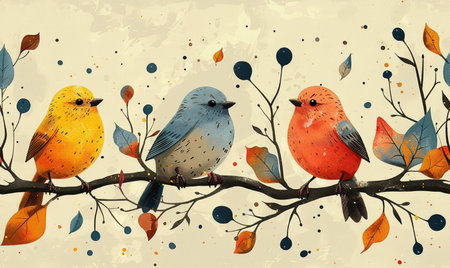 Birds on branch with autumn leaves. Watercolor hand drawn illustrationの素材