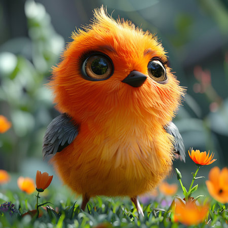 Cute little bird in the garden with orange flowers and green grassの素材
