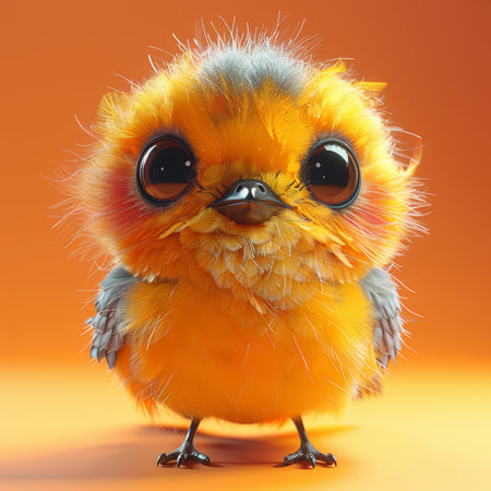 Cute little chick on a orange background. 3D illustration.の素材