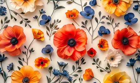 Flowers composition. Pattern made of flowers on white background. Flat lay, top view, copy spaceの素材