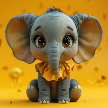 Cute baby elephant in a yellow background. 3D illustration.の素材