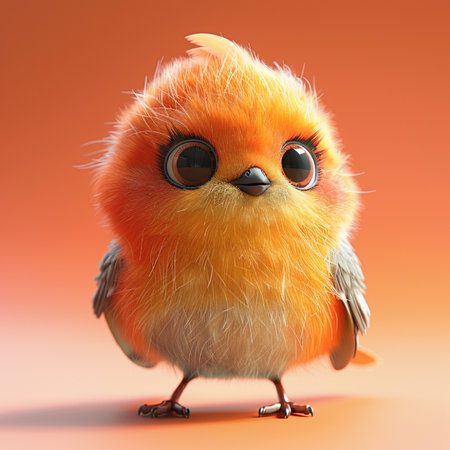 Cute little bird with big eyes on a orange background. 3d renderingの素材