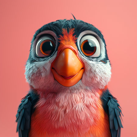 Funny parrot isolated on pink background. 3d illustration.の素材