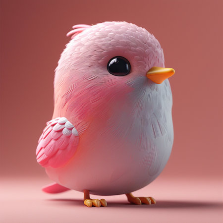 Cute pink bird isolated on pink background. 3d illustration.の素材