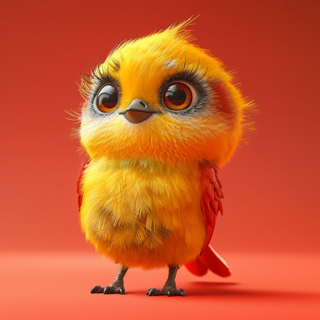 Cute bird isolated on red background. 3d render. Cartoon character.の素材