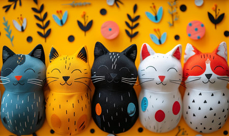Colorful handmade felt cats on a yellow background, close-upの素材