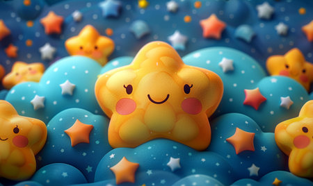 3d rendering of kawaii yellow star on blue background.の素材