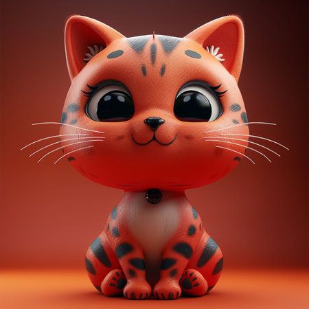 This cute orange cartoon cat figurine with big black eyes and stripes is sitting peacefully, looking forward with a sweet smile.の素材
