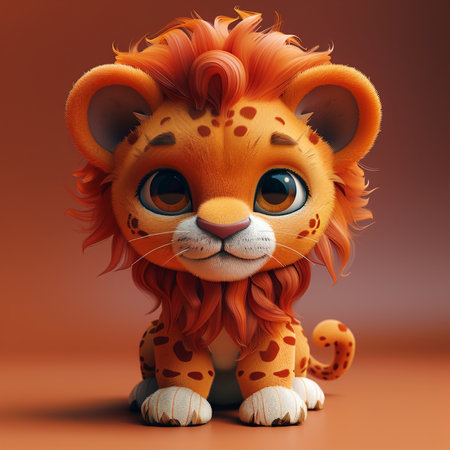 A charming cartoon baby lion with a fluffy orange mane and spotted fur sits calmly, looking forward with big friendly eyes.の素材